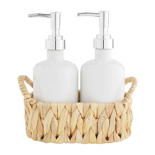 White Ceramic Soap & Lotion Dispensers with Hyacinth Basket