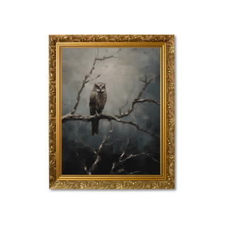 Halloween Owl on branch eerie vintage oil  print slope house mercantile home decor store print to fit custom size