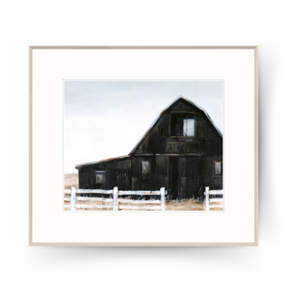 painting of black barn in a field with a white picket fence in a wood frame