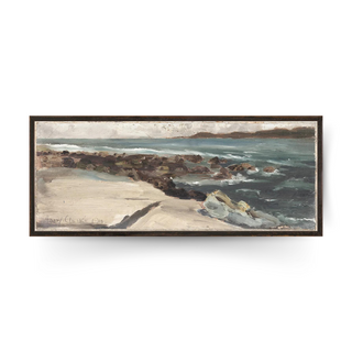 coastal landscape painting featuring sand, rocks, ocean and an island in the distance. framed in a black distressed frame