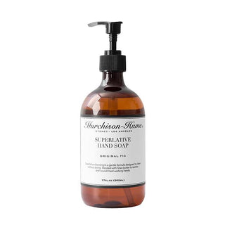 murchison-hume superlative hand soap in original fig scent. packaged in an amber resusable pump bottle