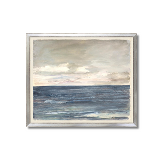 vintage painting of jersey coast featuring water and sky framed in a silver frame