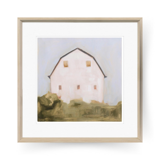 simple painting of white barn with light blue sky and green landscapes in a wood frame