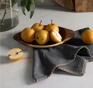 asian pears in wood bowl with cotton lace napkin slope house decor shop