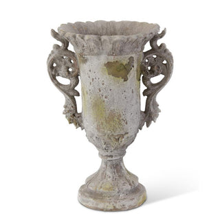 ornate gray urn planter with distressed grey finish and handles